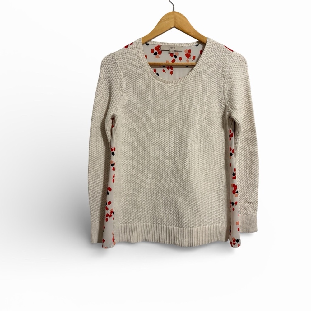 LOFT Mixed Media Floral Back Sweater Cream Red Tulip Print Women XS Cottagecore